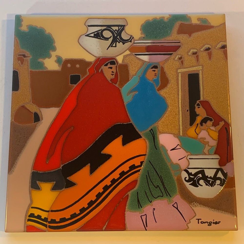 Vintage 1991 Arius Santa Fe Art Tile "Women Pueblo" #4113 Signed by Artist 8"
